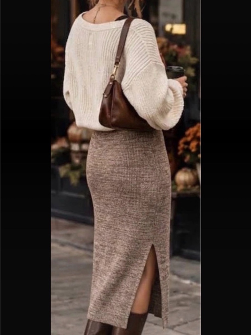 Ribbed Knit Midi Skirt with Side Split Taupe Brown / Heathered Mocha FP
